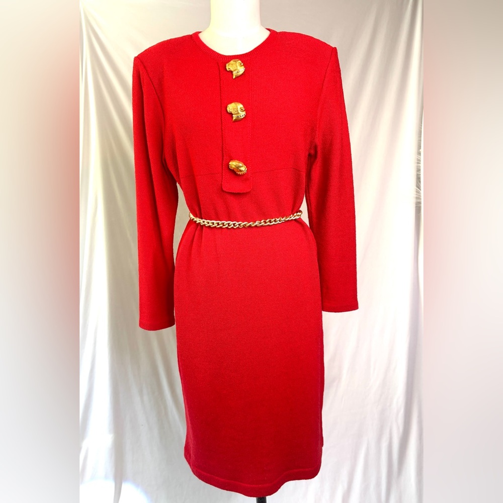 Vintage Roberta Pinto Red Knit Midi Dress with h gold + Rhinestone‎ Jaguars